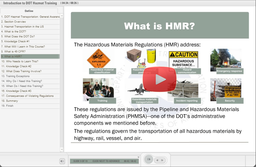 Training demo for DOT Hazmat General Awareness Function Specific Training. 