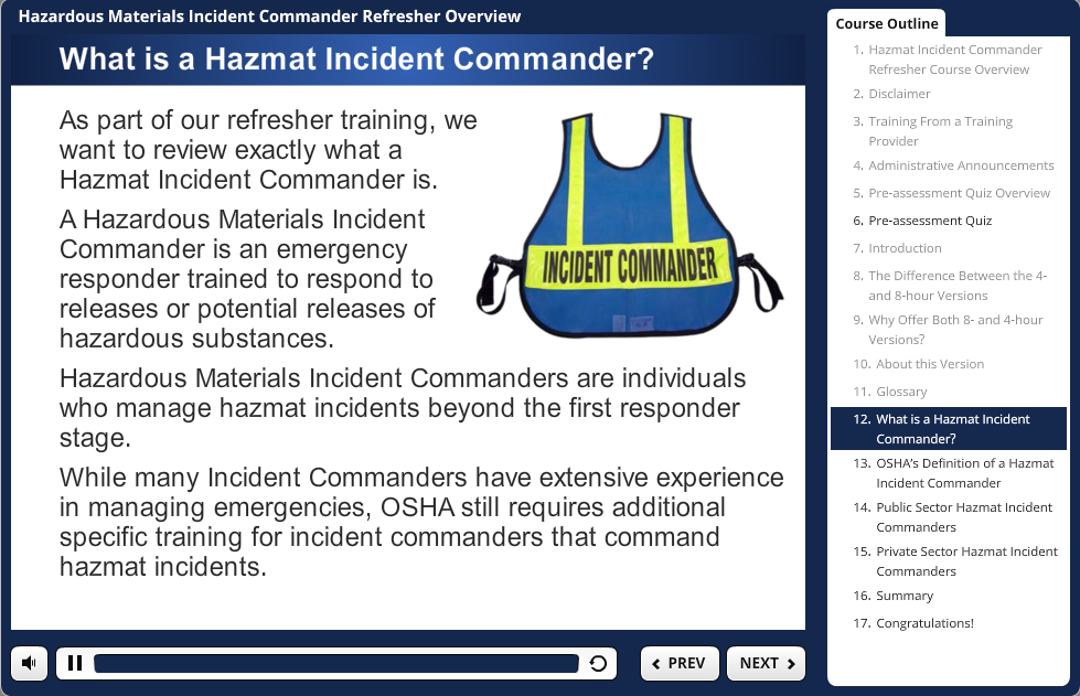 Hazmat Incident Commander Refresher Online training demo.