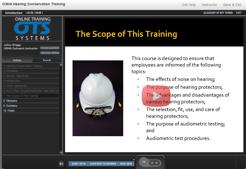 OSHA Hearing Conservation online training demo.